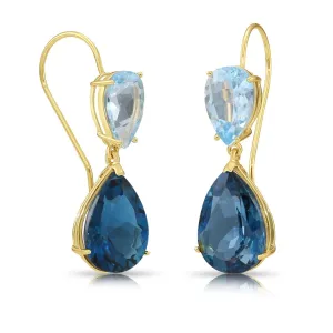 14K Yellow Gold Pear-Cut London & Sky Blue Topaz Teardrop Wire Earrings, 26ctw, Natural Gemstone Earrings