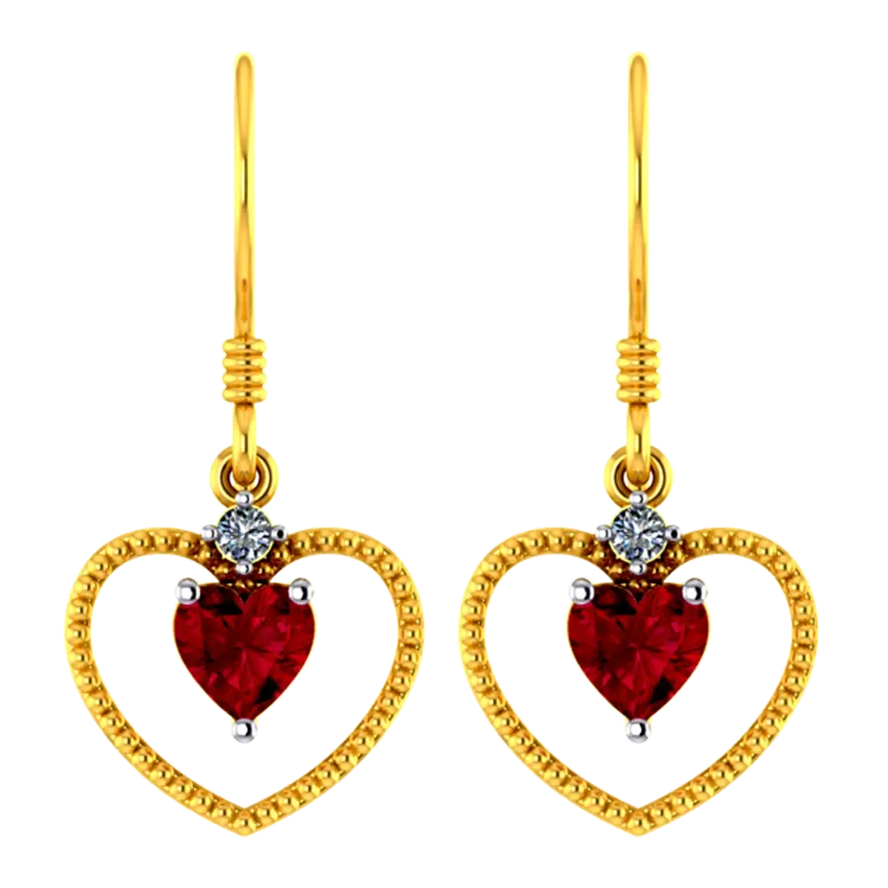 22k Heart Shaped Gold Earrings With A Red Stone