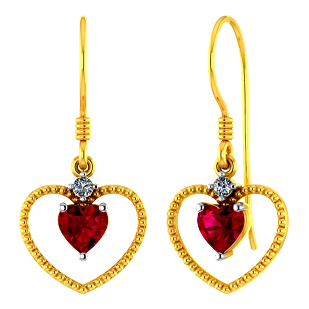 22k Heart Shaped Gold Earrings With A Red Stone