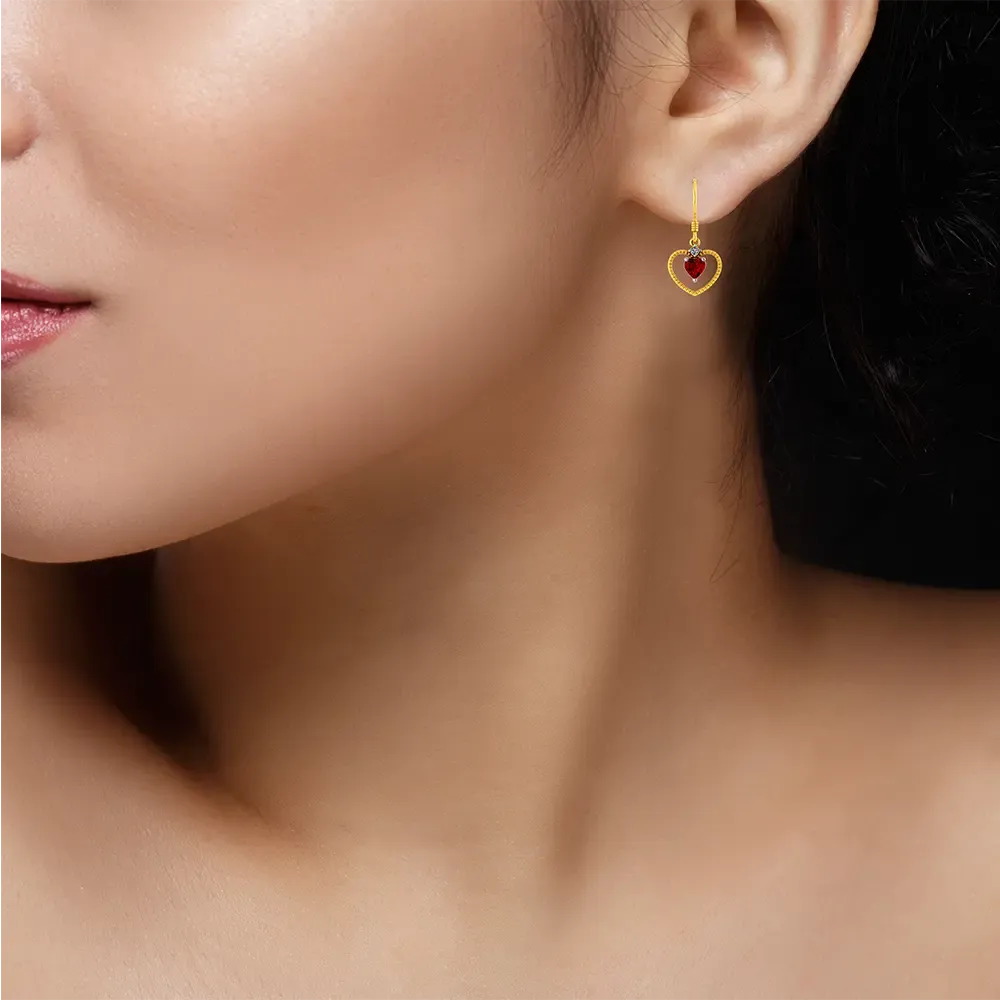 22k Heart Shaped Gold Earrings With A Red Stone