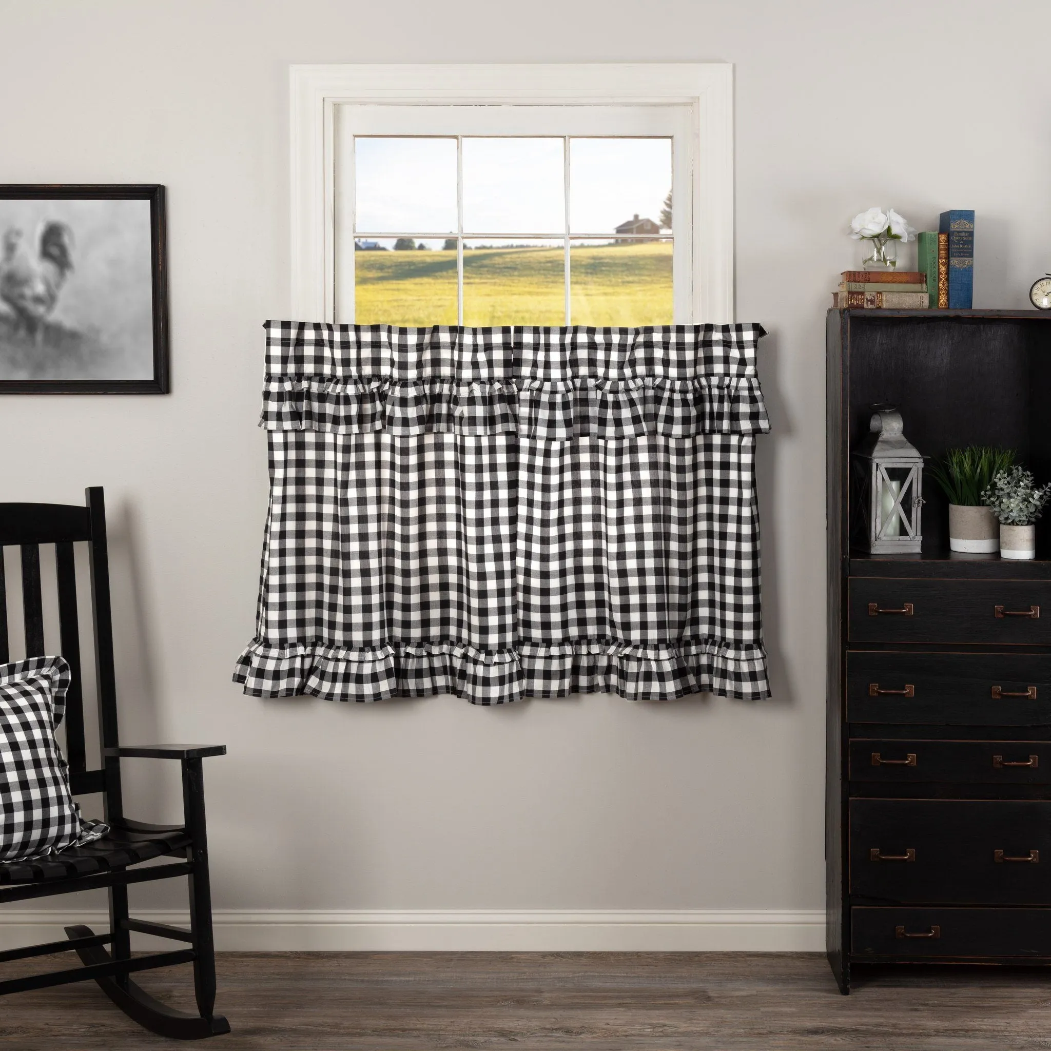 Annie Buffalo Check Black Ruffled Lined Tier Curtains 36"