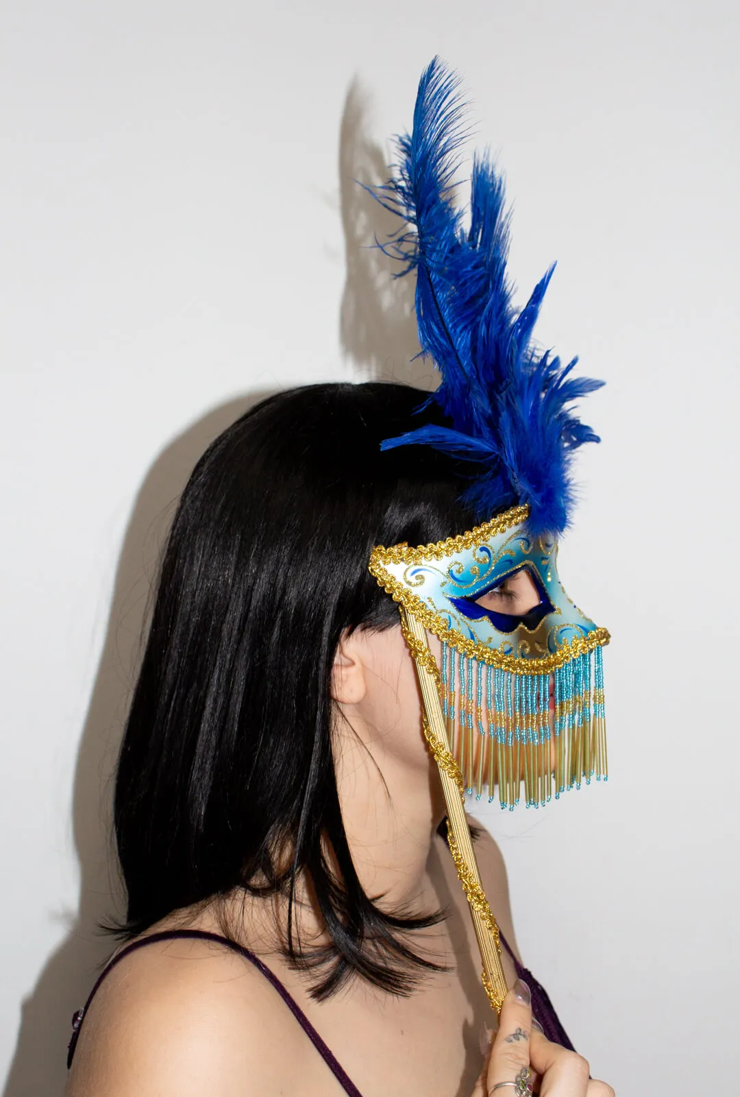 Blue Tassel Masquerade Mask on Stick