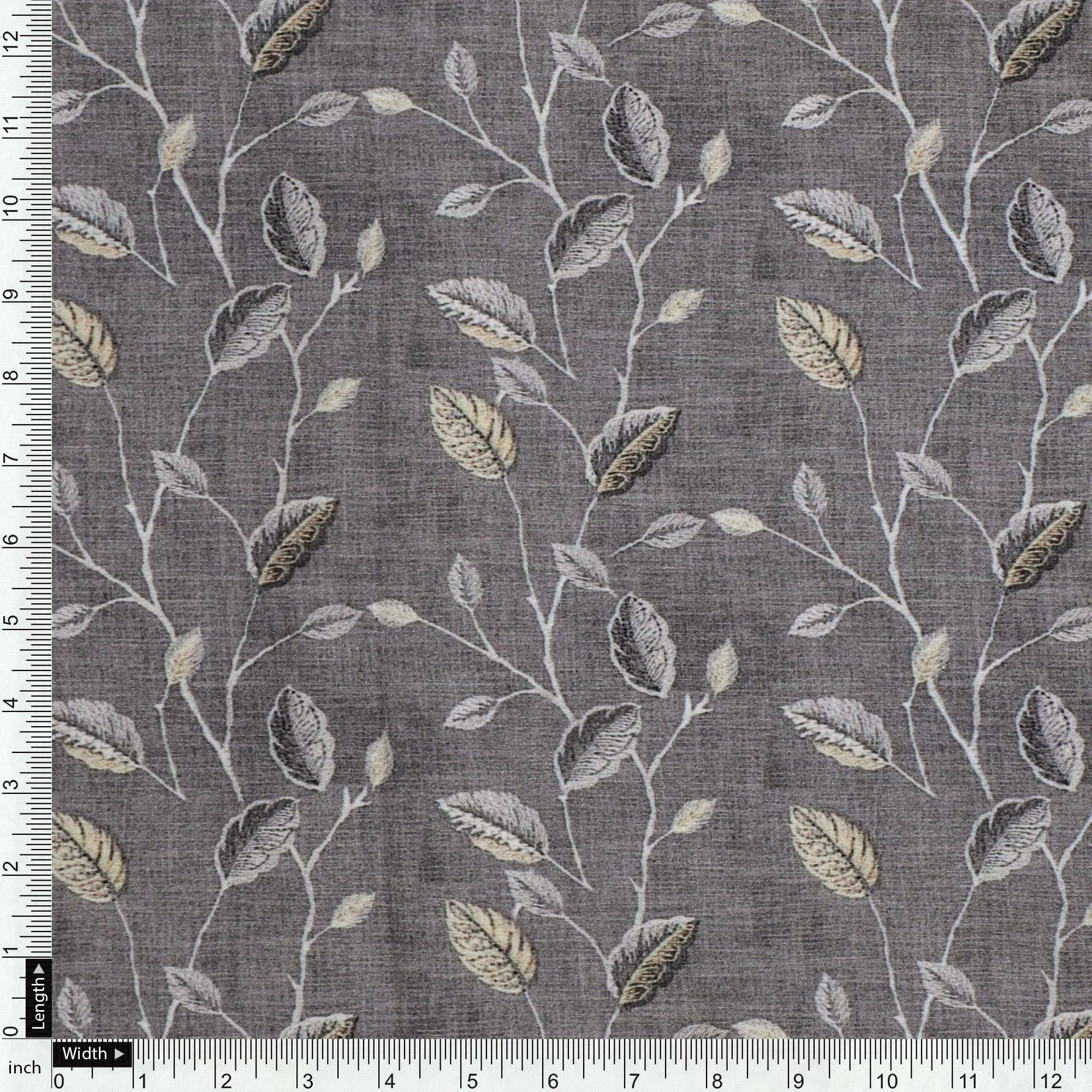 Brown Leaves With Stalk Digital Printed Fabric - Kora Silk