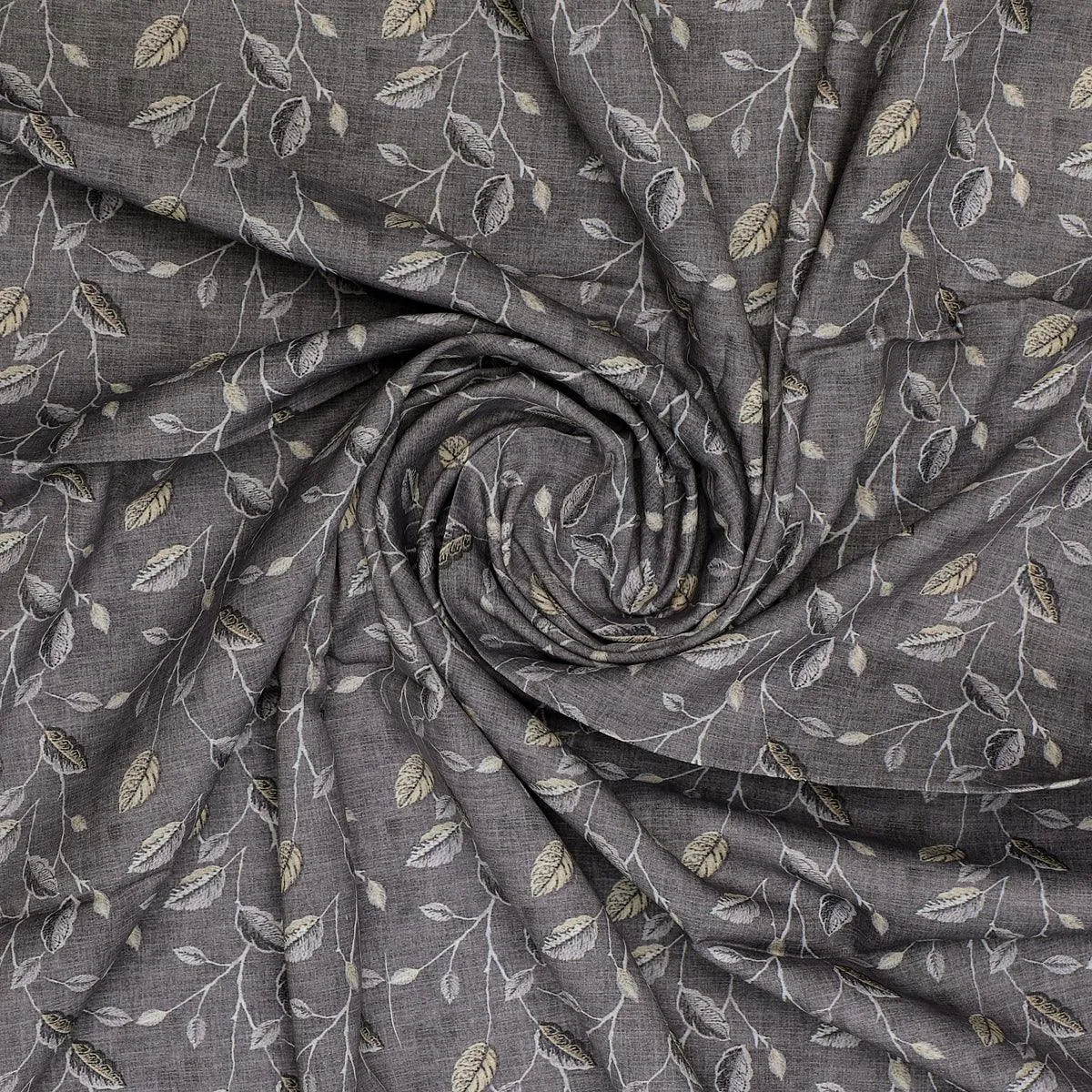 Brown Leaves With Stalk Digital Printed Fabric - Kora Silk