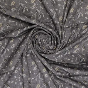 Brown Leaves With Stalk Digital Printed Fabric - Kora Silk