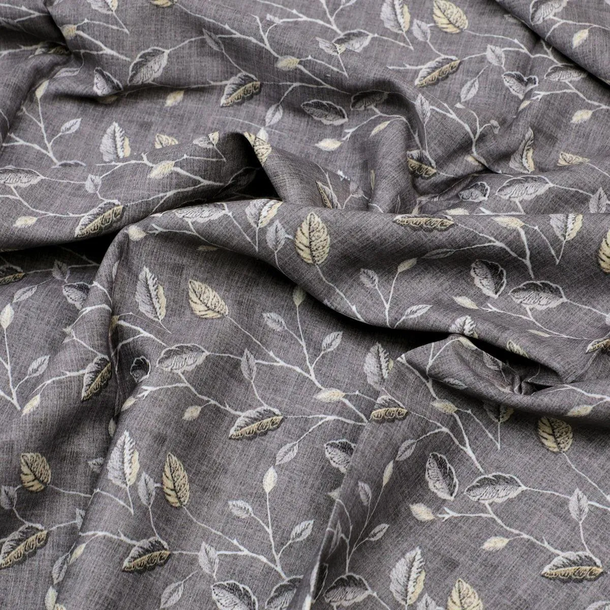 Brown Leaves With Stalk Digital Printed Fabric - Kora Silk