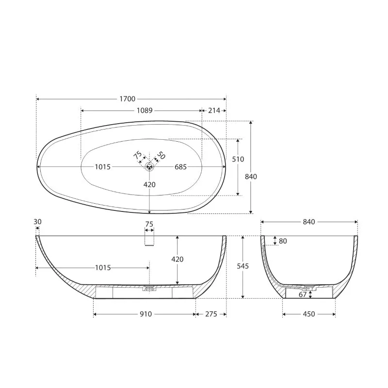 Fienza Bahama Solid Surface Bath Matte Black - 1700mm