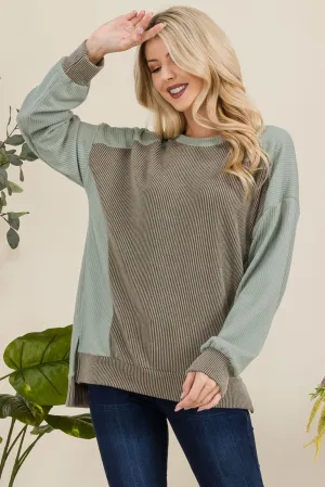Full Size High-Low Contrast Round Neck Sweatshirt