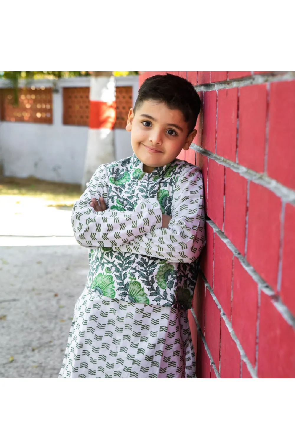 Green Hand Block Printed Kurta And Pyjama With Floral Printed Jacket Set