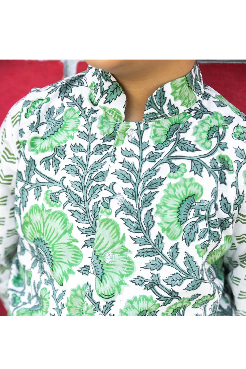 Green Hand Block Printed Kurta And Pyjama With Floral Printed Jacket Set