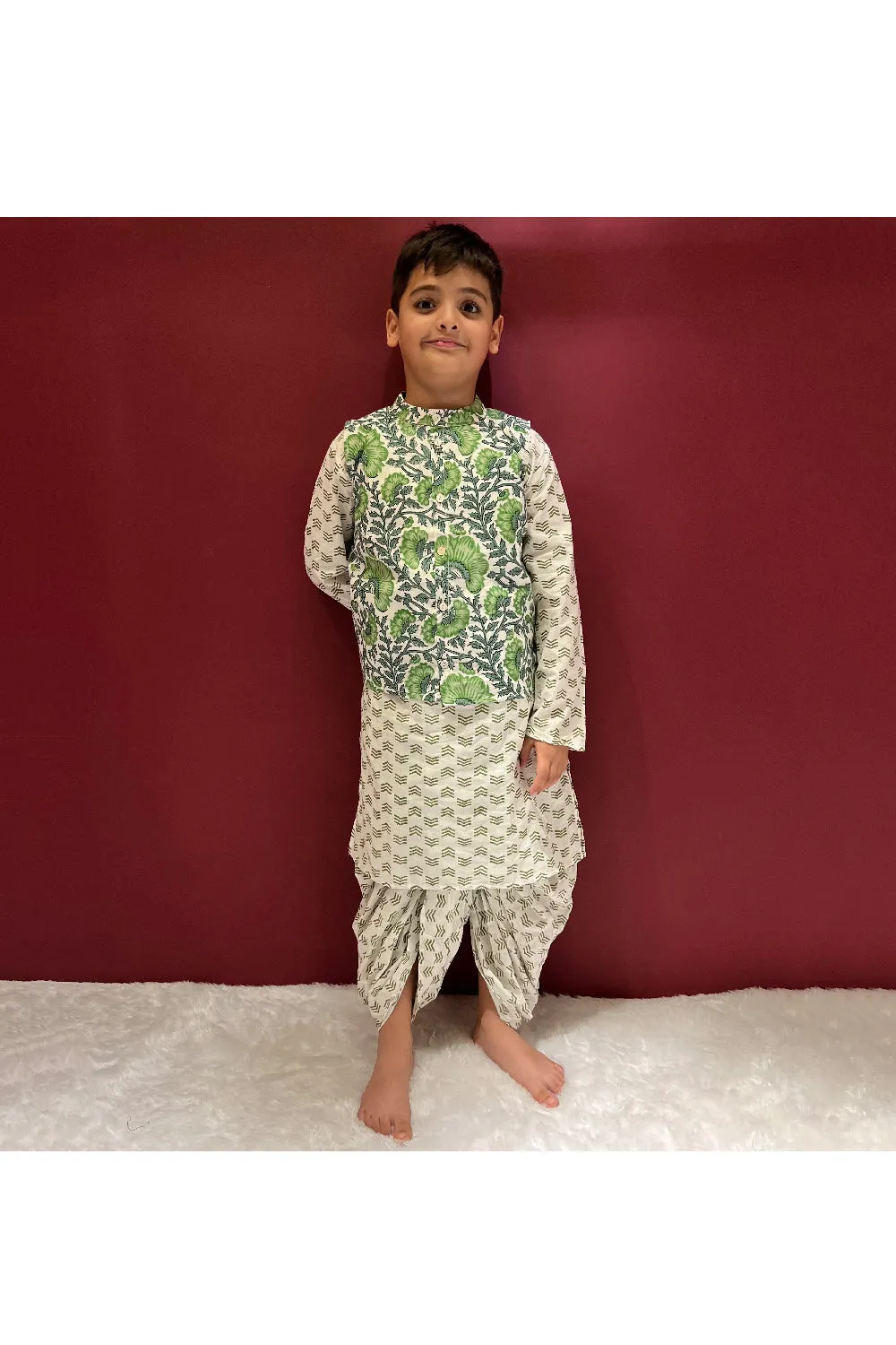 Green Hand Block Printed Kurta And Pyjama With Floral Printed Jacket Set