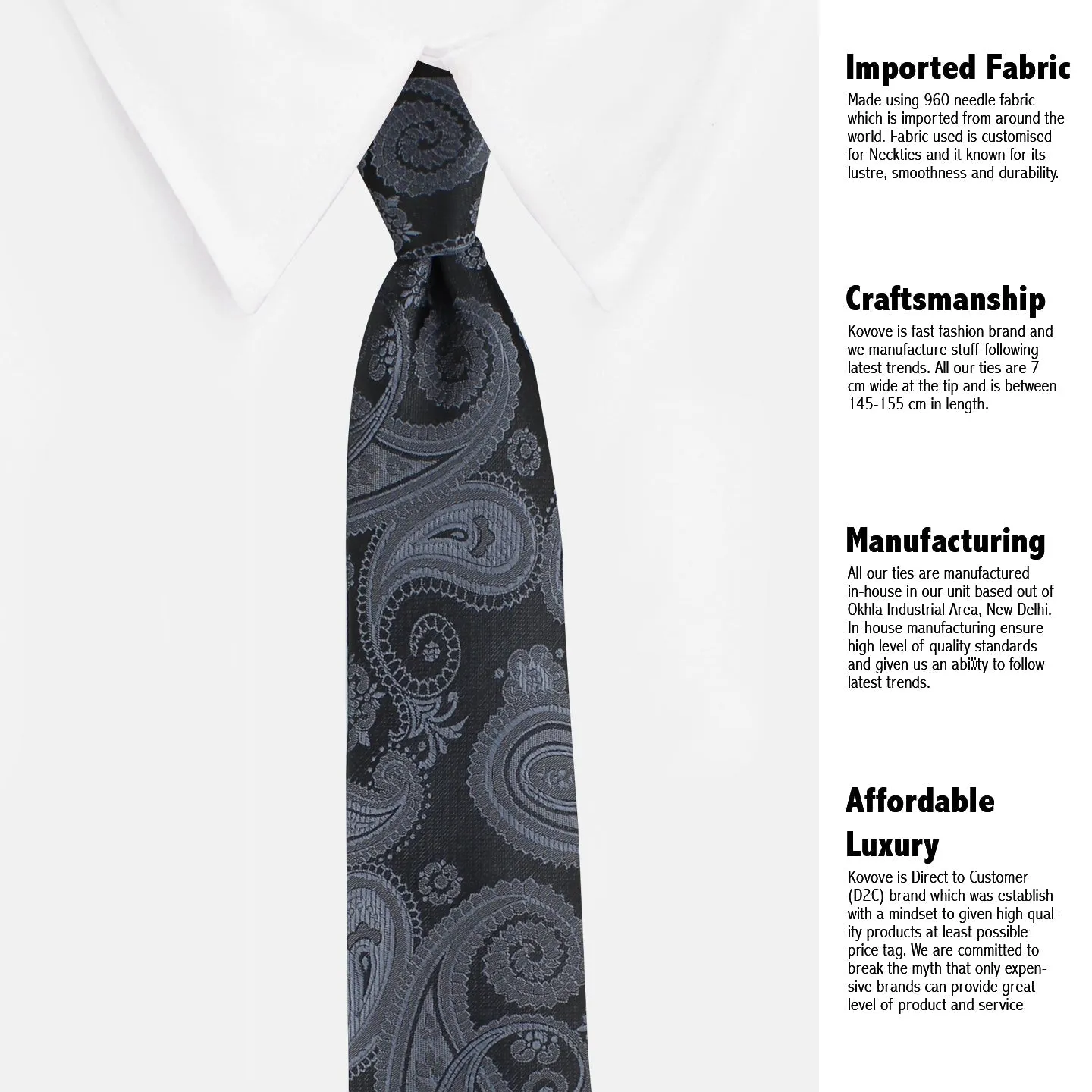 Kovove Black Paisley Necktie and Pocket Square Gift Box