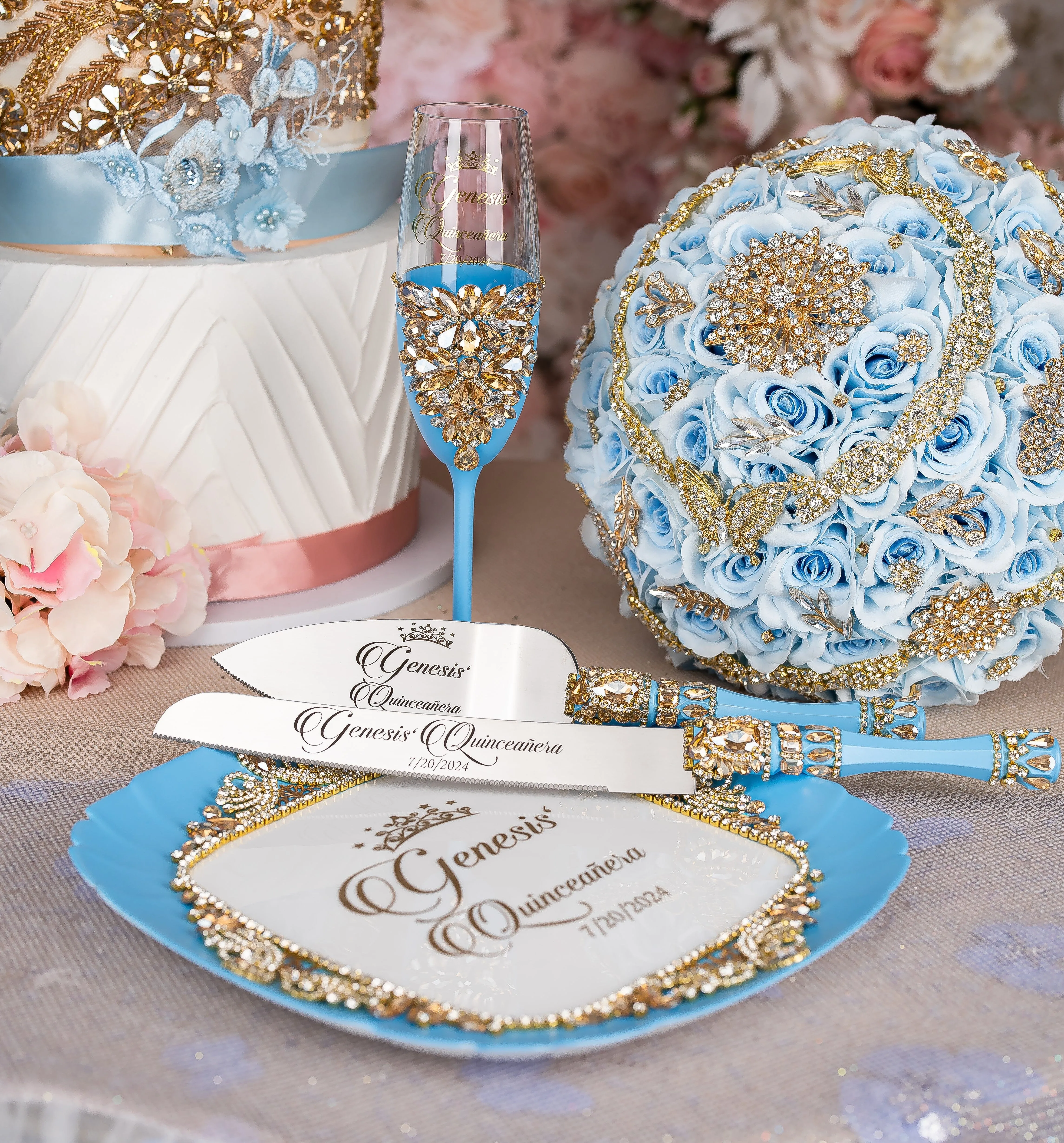 Light Blue Gold quinceanera bottle