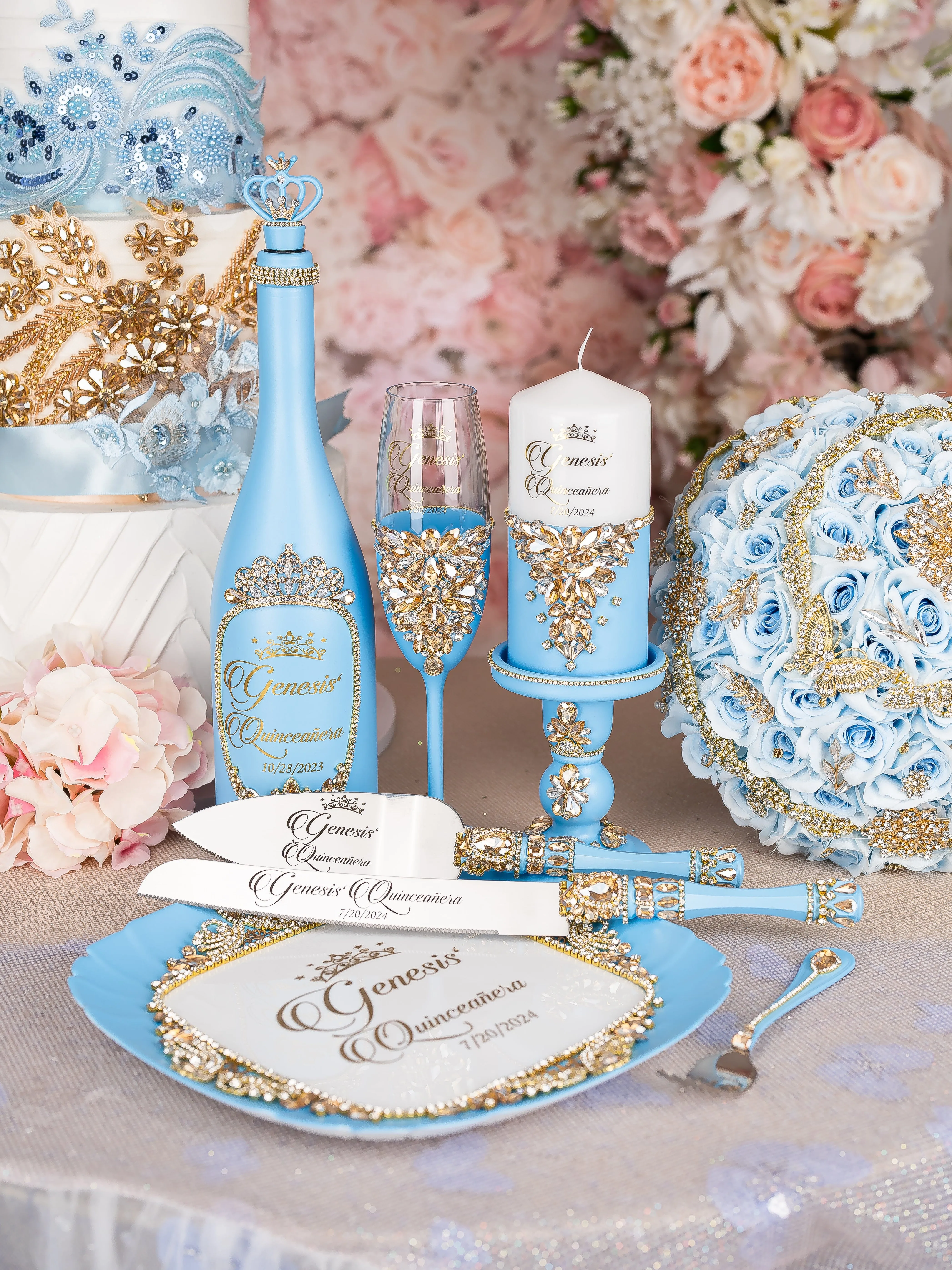 Light Blue Gold quinceanera bottle