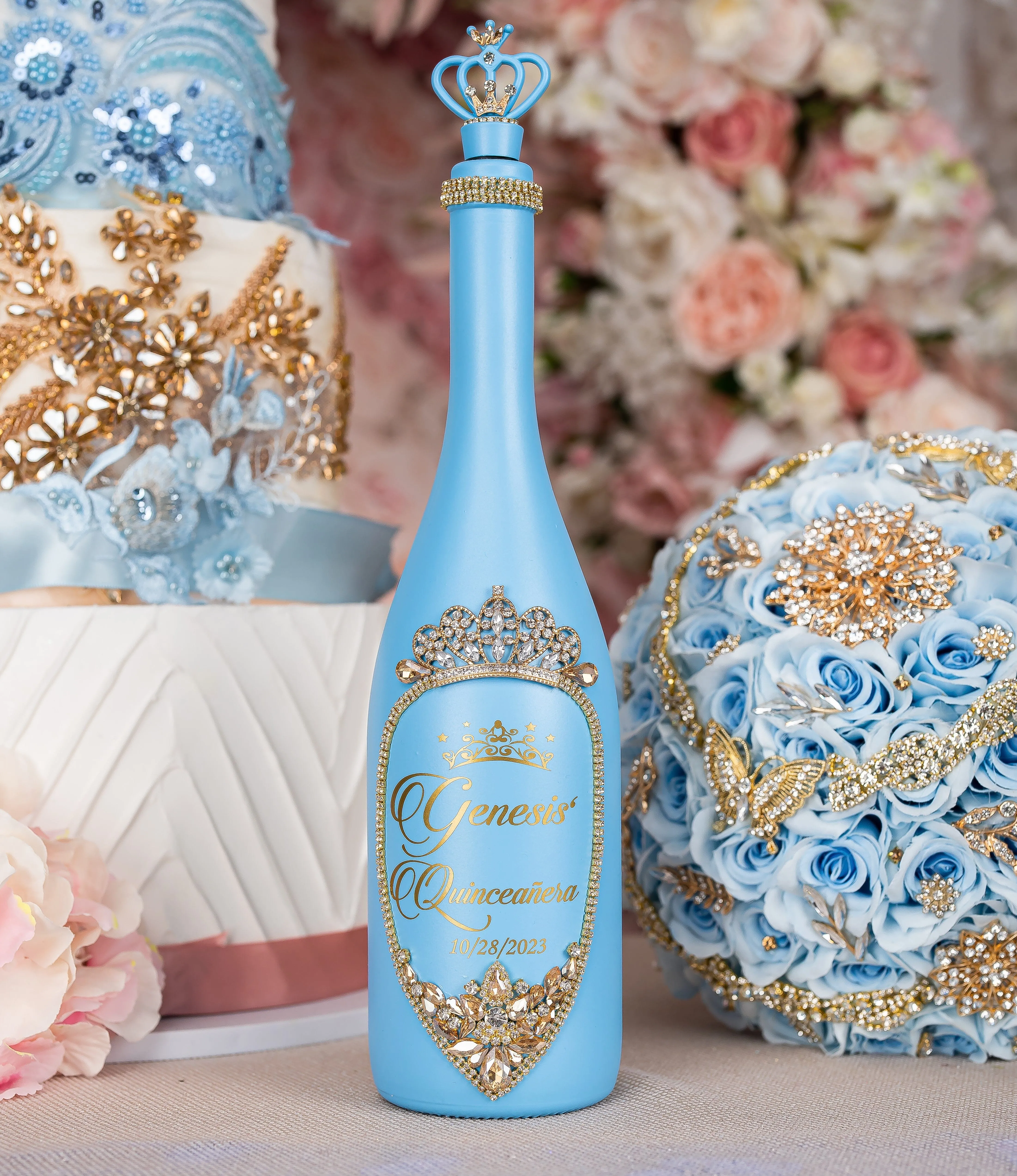 Light Blue Gold quinceanera bottle