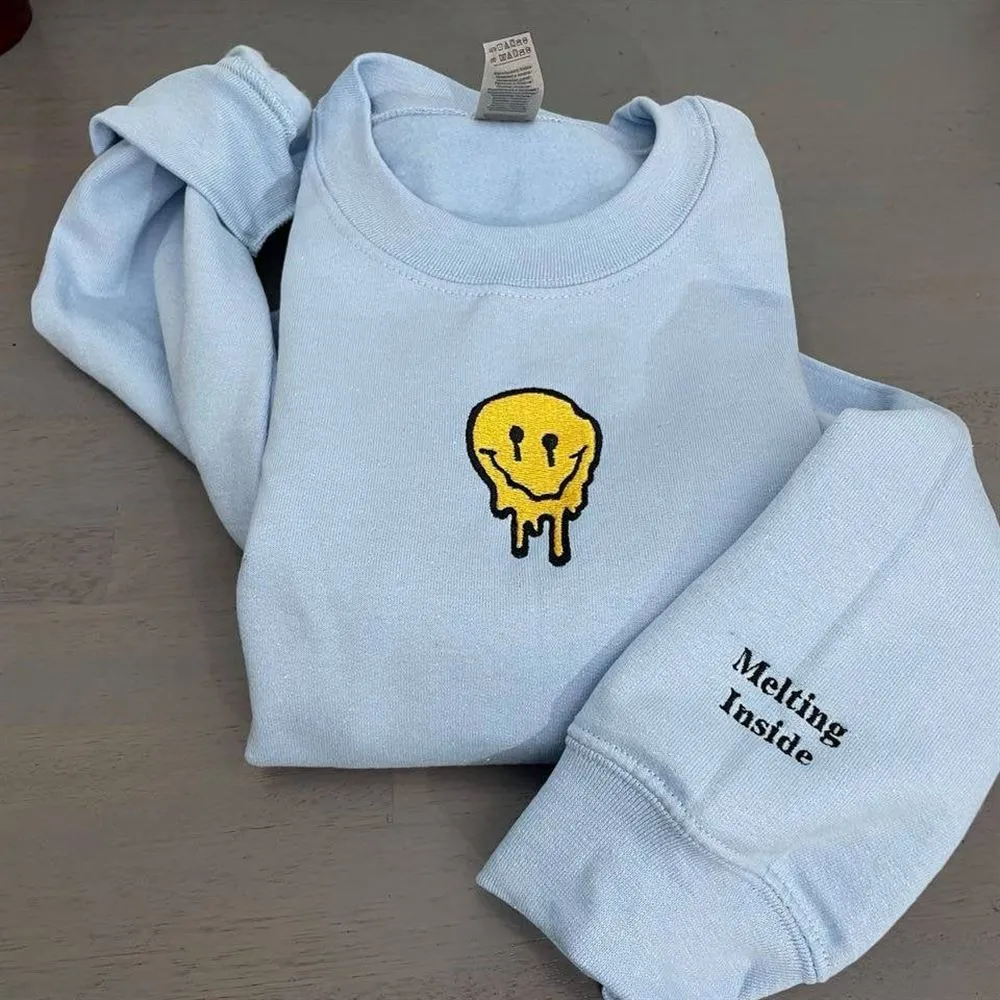 Melted Smiley Embroidered Sweatshirt, Women's Embroidered Sweatshirts