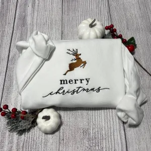 Merry Christmas Embroidered Sweatshirt Christmas Deer Sweatshirt Crewneck, Women's Embroidered Sweatshirts