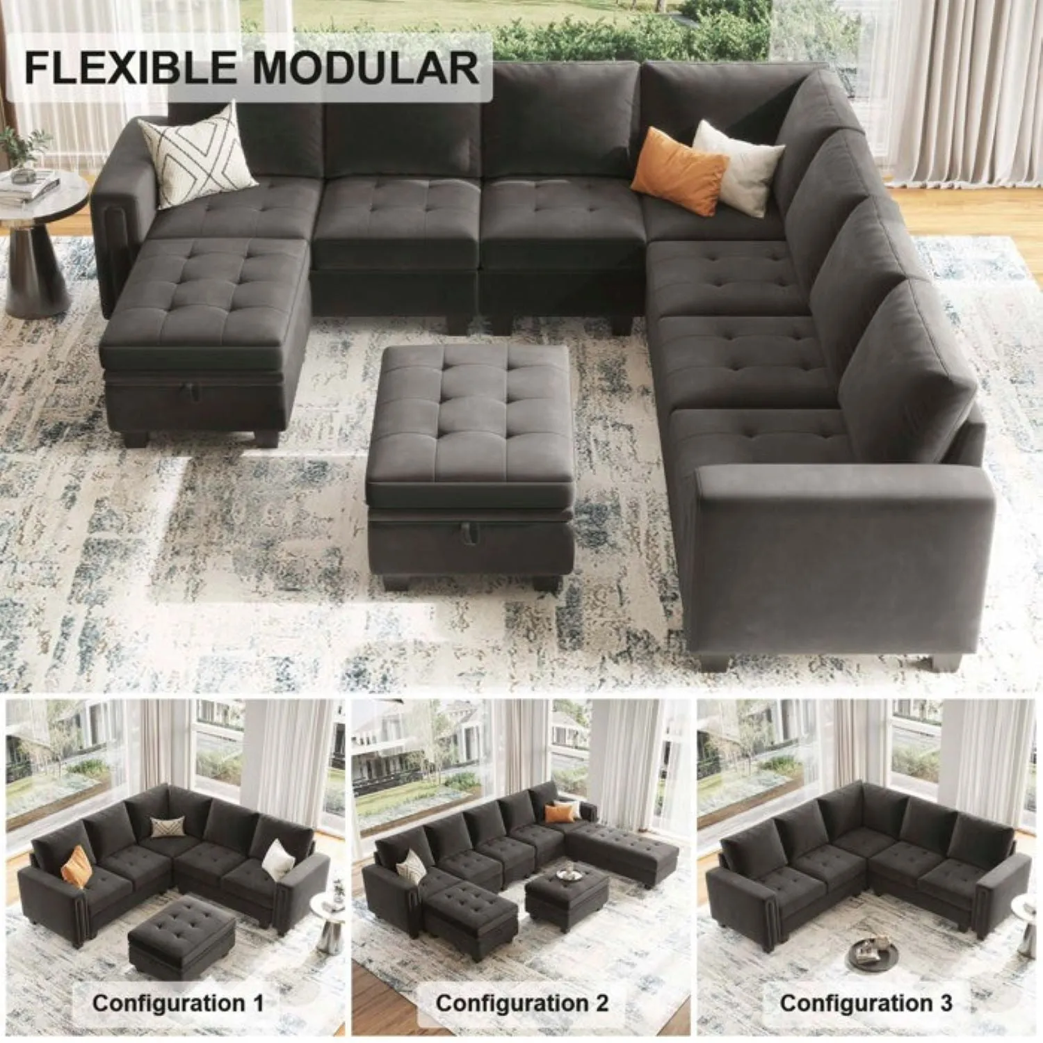 Moris 8 Seater Interchangeable Modular Corner Fabric Sofa with Storage Ottoman For Living Room | Bedroom | Office