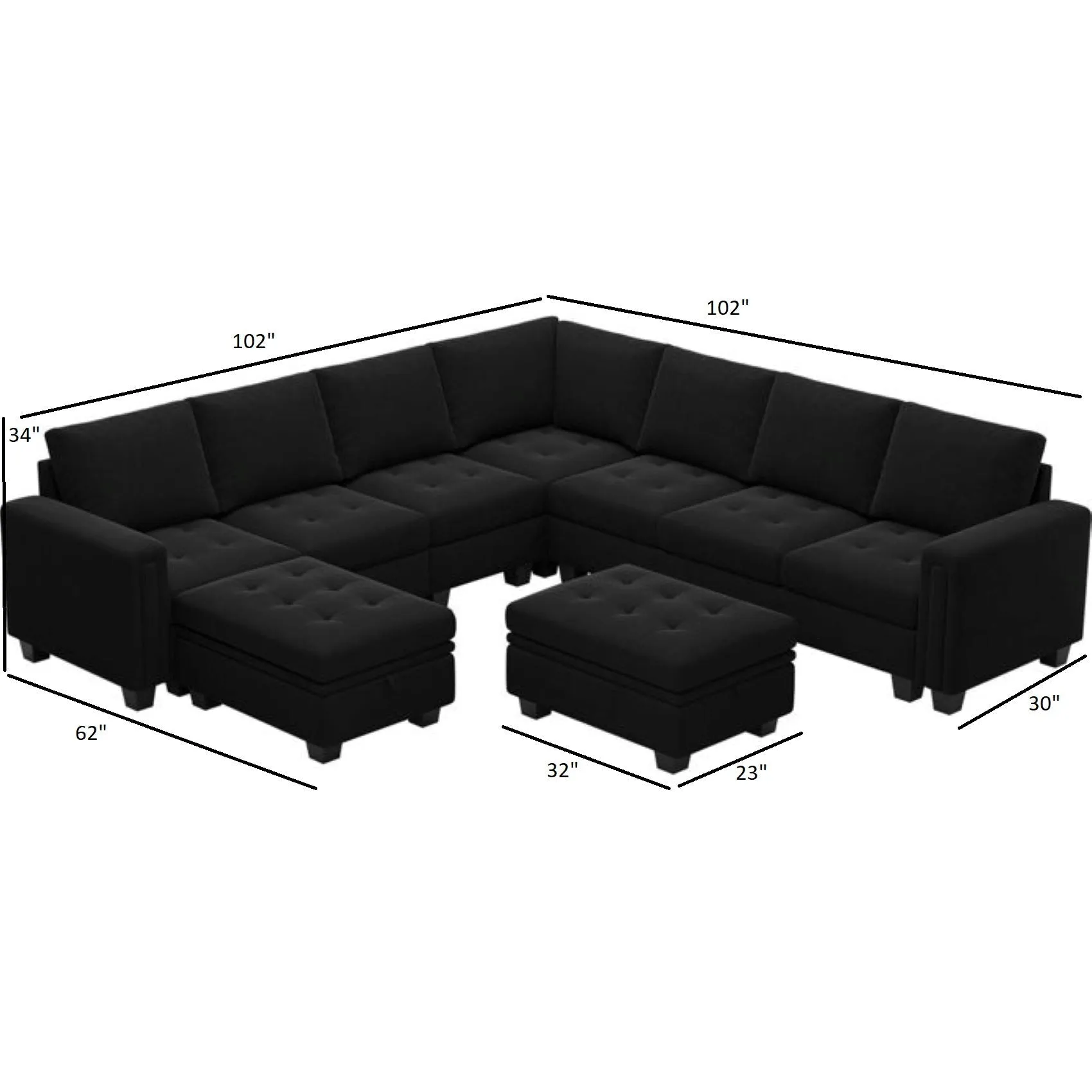 Moris 8 Seater Interchangeable Modular Corner Fabric Sofa with Storage Ottoman For Living Room | Bedroom | Office