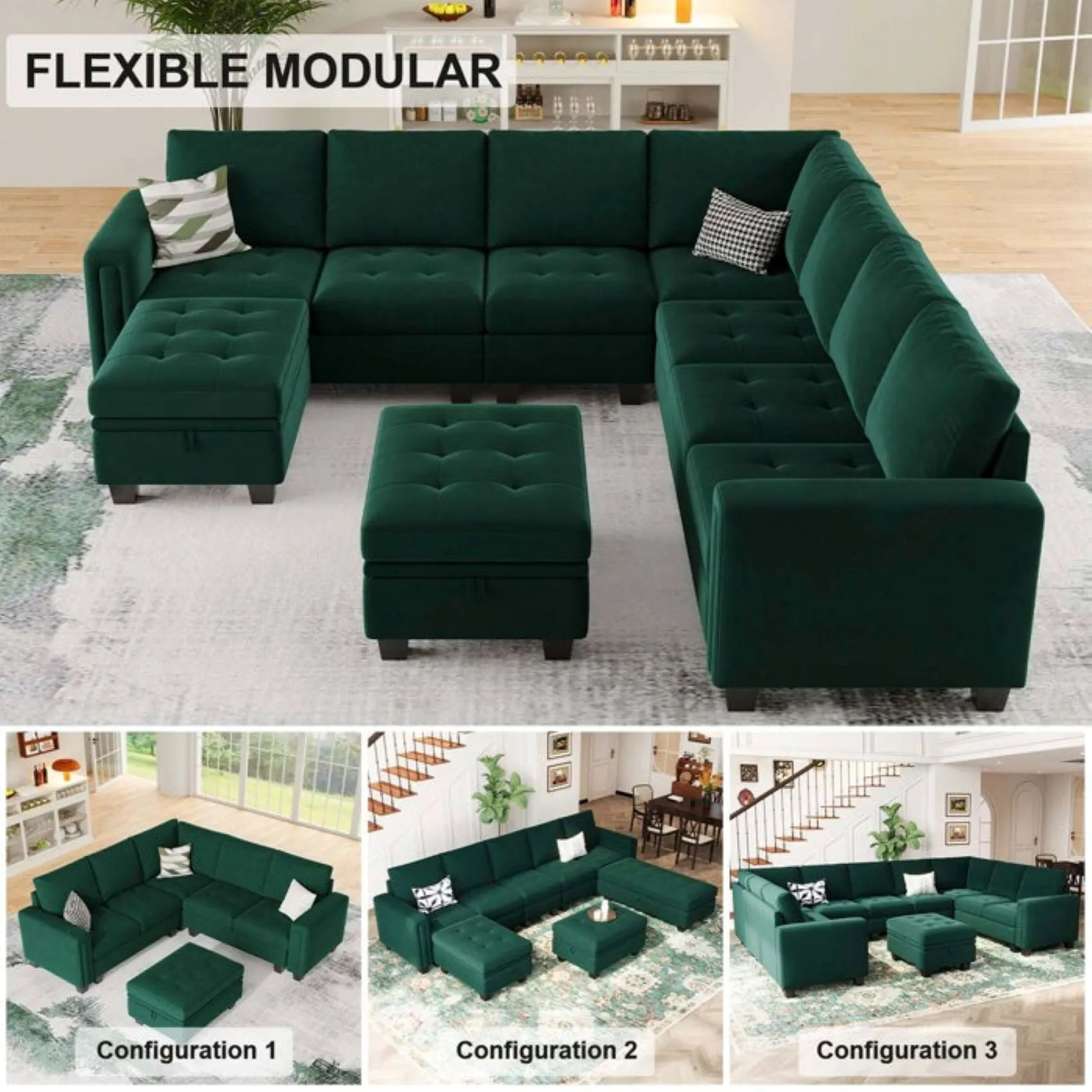 Moris 8 Seater Interchangeable Modular Corner Fabric Sofa with Storage Ottoman For Living Room | Bedroom | Office