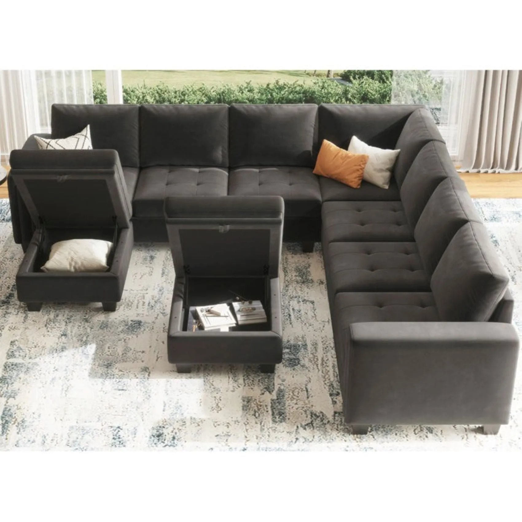 Moris 8 Seater Interchangeable Modular Corner Fabric Sofa with Storage Ottoman For Living Room | Bedroom | Office