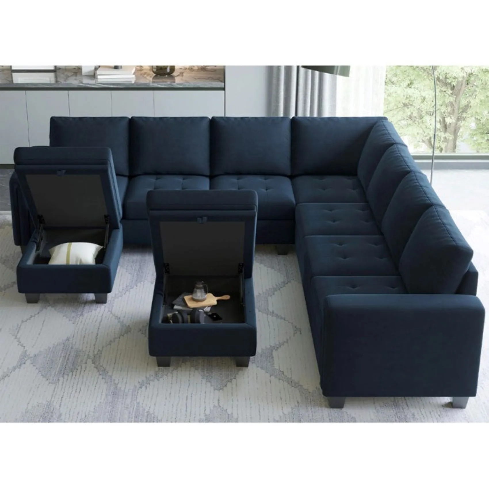 Moris 8 Seater Interchangeable Modular Corner Fabric Sofa with Storage Ottoman For Living Room | Bedroom | Office
