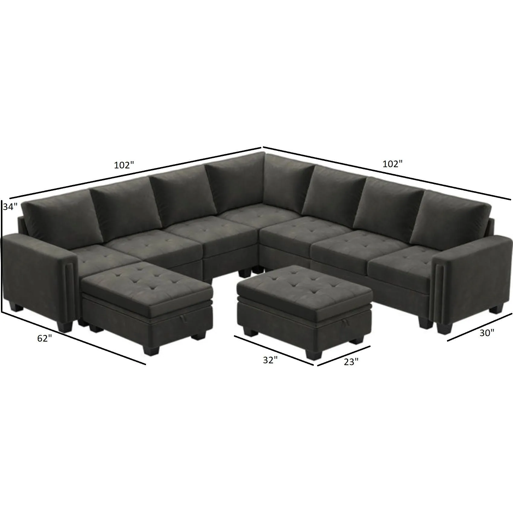 Moris 8 Seater Interchangeable Modular Corner Fabric Sofa with Storage Ottoman For Living Room | Bedroom | Office