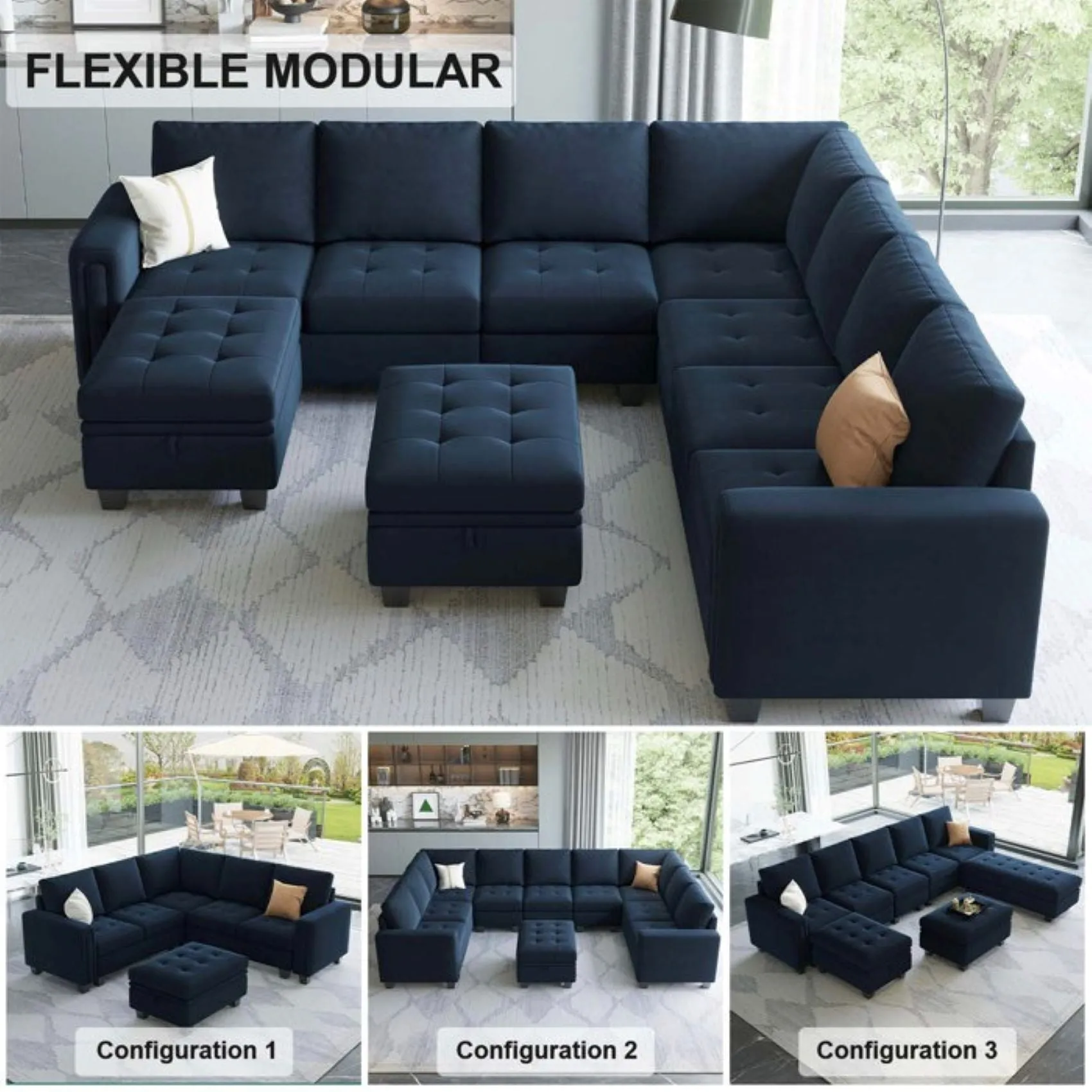 Moris 8 Seater Interchangeable Modular Corner Fabric Sofa with Storage Ottoman For Living Room | Bedroom | Office