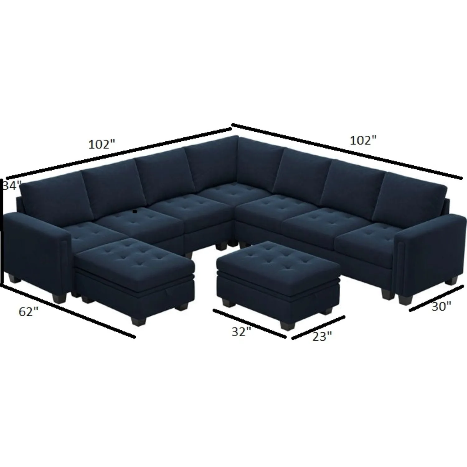 Moris 8 Seater Interchangeable Modular Corner Fabric Sofa with Storage Ottoman For Living Room | Bedroom | Office