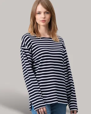 MTS M136 ― Weiches Unisex Bio-Baumwolle Longsleeve Sweatshirt gestreift - Navy Blau / Weiß