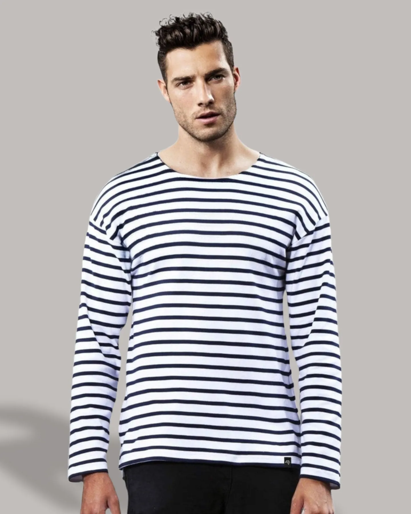 MTS M136 ― Weiches Unisex Bio-Baumwolle Longsleeve Sweatshirt gestreift - Navy Blau / Weiß