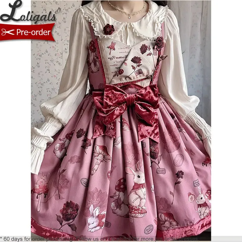 Pre-order Sweet Lolita Dress Printed Casual Party Dress w. Detachable Sleeves ~ Hare Mallow