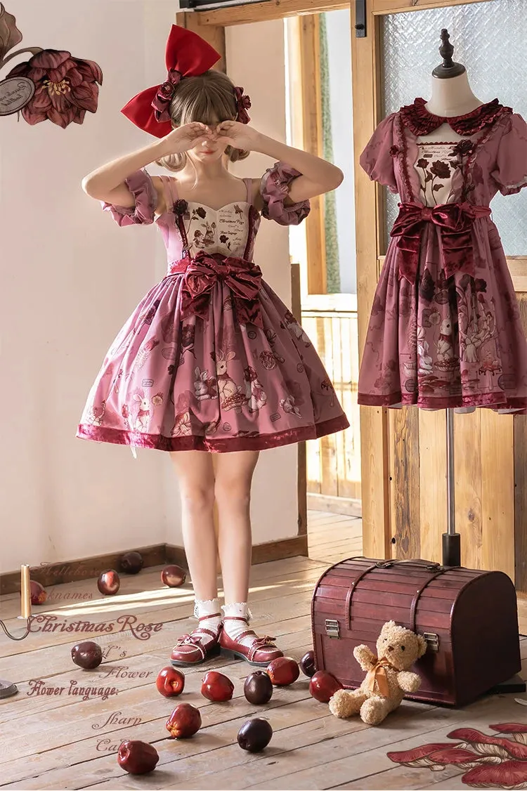 Pre-order Sweet Lolita Dress Printed Casual Party Dress w. Detachable Sleeves ~ Hare Mallow