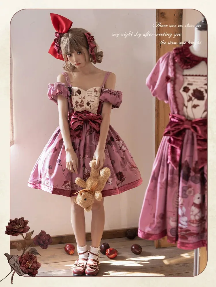 Pre-order Sweet Lolita Dress Printed Casual Party Dress w. Detachable Sleeves ~ Hare Mallow