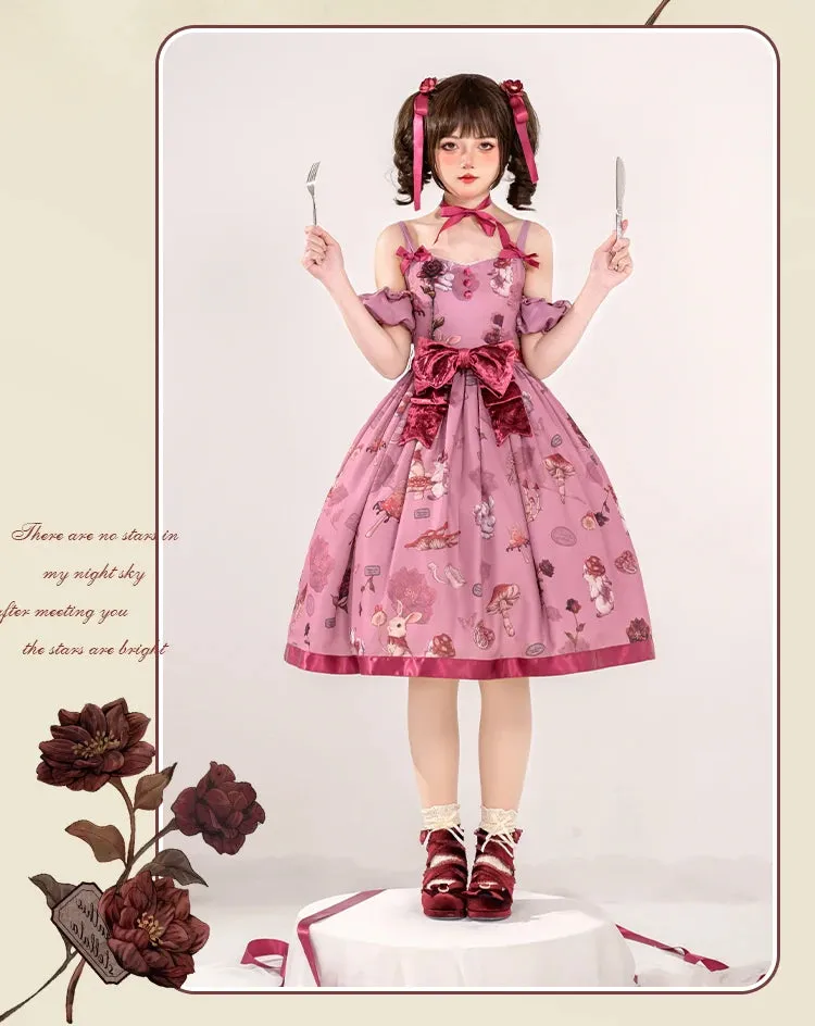 Pre-order Sweet Lolita Dress Printed Casual Party Dress w. Detachable Sleeves ~ Hare Mallow
