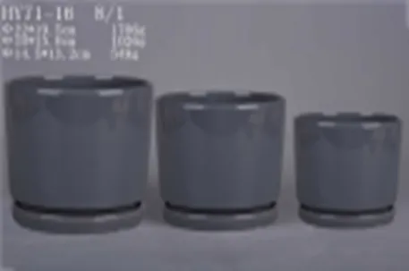 Set of 3 Modern Round Grey Ceramic Pots with Bottom Tray