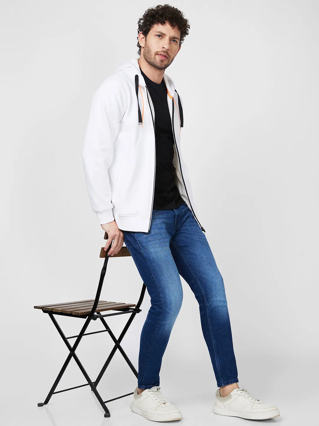 Spykar Hood Full Sleeves White Sweatshirt For Men