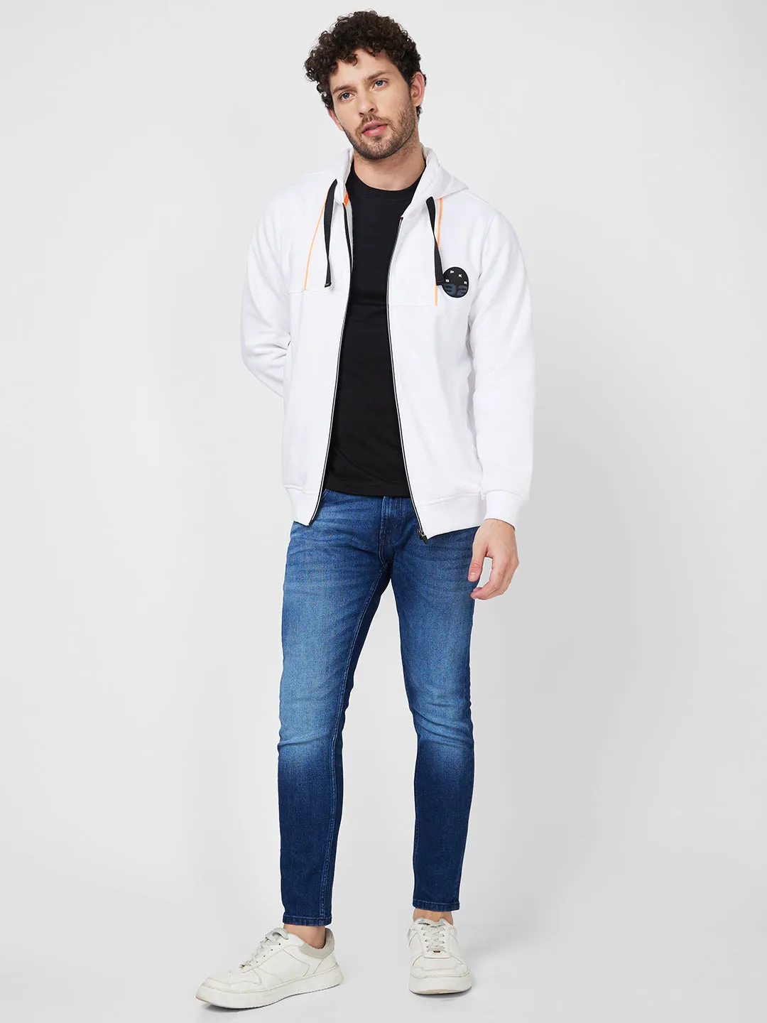 Spykar Hood Full Sleeves White Sweatshirt For Men