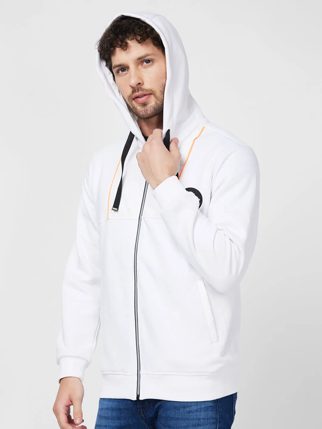 Spykar Hood Full Sleeves White Sweatshirt For Men