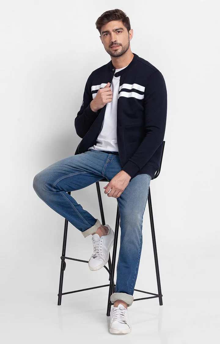 Spykar Navy Blue Cotton Full Sleeve High Neck Sweatshirt For Men