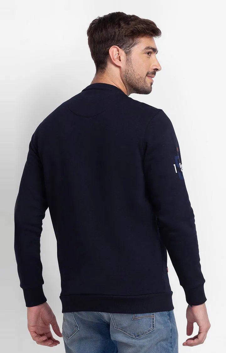 Spykar Navy Blue Cotton Full Sleeve High Neck Sweatshirt For Men