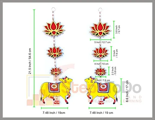 StepsToDo Pichwai Cow and Lotus Hanging. Wooden. Handmade Wall Decor. Jhumki Style Hanging. Cow Cutouts. (Yellow,Pack of 4 Hanging)
