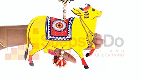 StepsToDo Pichwai Cow and Lotus Hanging. Wooden. Handmade Wall Decor. Jhumki Style Hanging. Cow Cutouts. (Yellow,Pack of 4 Hanging)