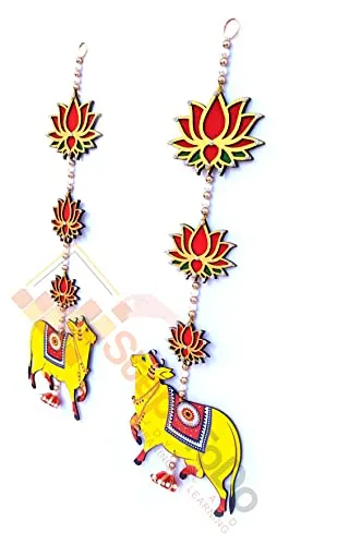 StepsToDo Pichwai Cow and Lotus Hanging. Wooden. Handmade Wall Decor. Jhumki Style Hanging. Cow Cutouts. (Yellow,Pack of 4 Hanging)