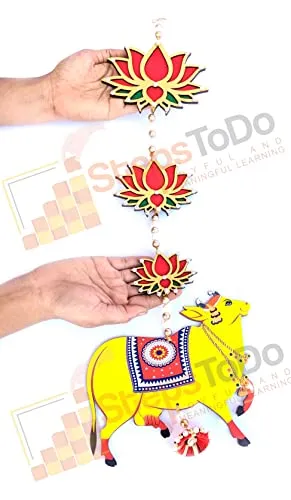 StepsToDo Pichwai Cow and Lotus Hanging. Wooden. Handmade Wall Decor. Jhumki Style Hanging. Cow Cutouts. (Yellow,Pack of 4 Hanging)