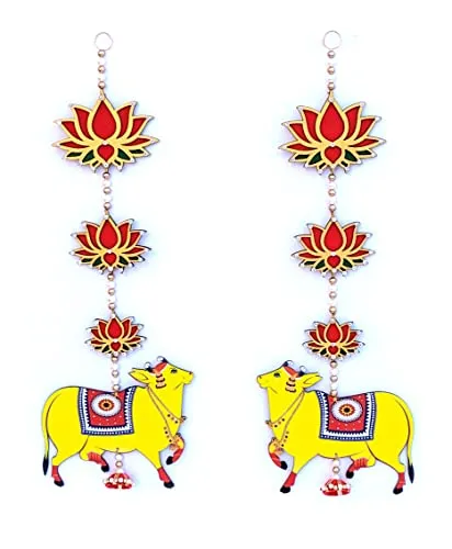 StepsToDo Pichwai Cow and Lotus Hanging. Wooden. Handmade Wall Decor. Jhumki Style Hanging. Cow Cutouts. (Yellow,Pack of 4 Hanging)