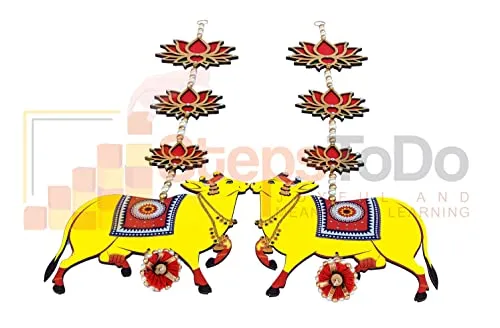StepsToDo Pichwai Cow and Lotus Hanging. Wooden. Handmade Wall Decor. Jhumki Style Hanging. Cow Cutouts. (Yellow,Pack of 4 Hanging)