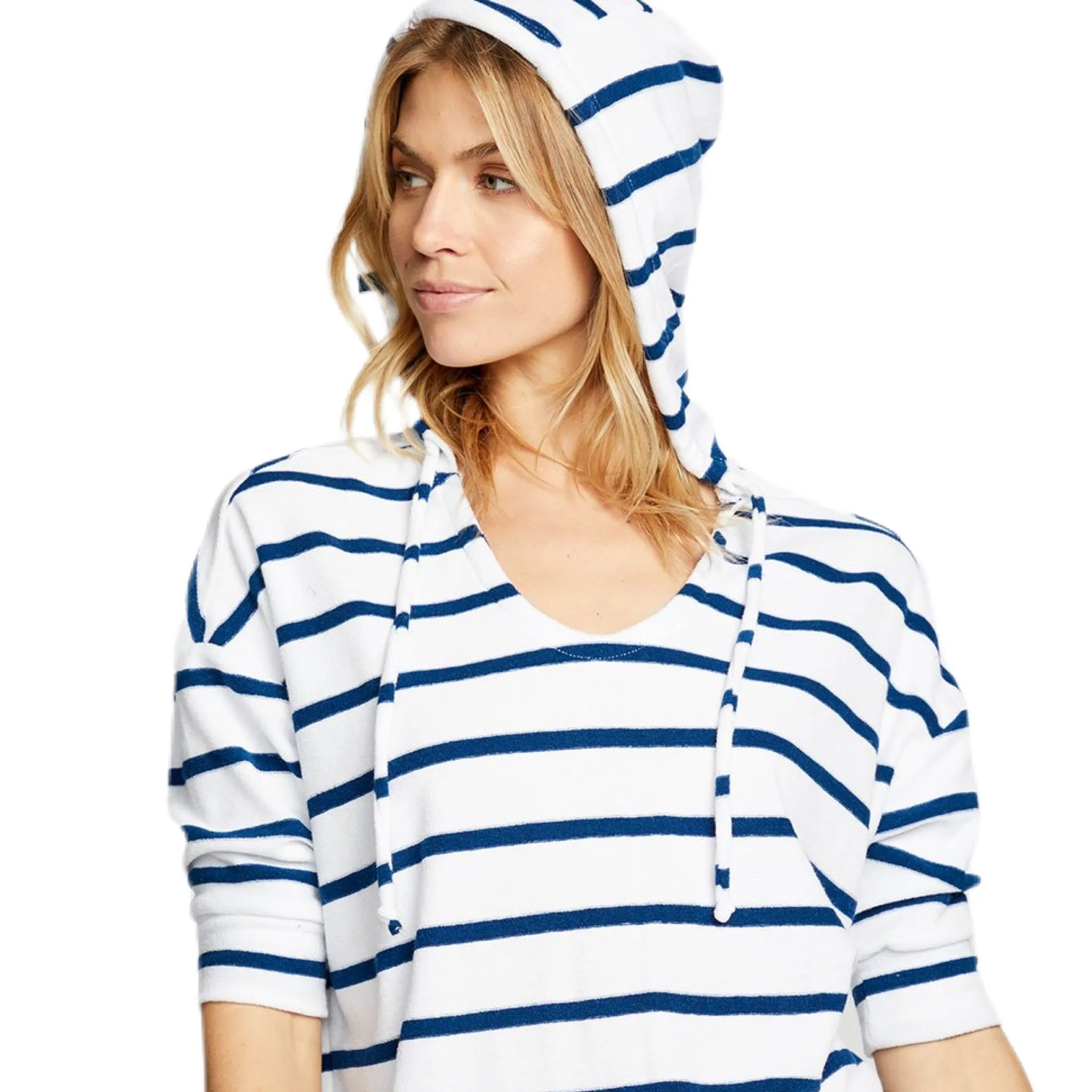 Terry Cropped 3/4 Sleeve Pullover Hoodie - Striped.