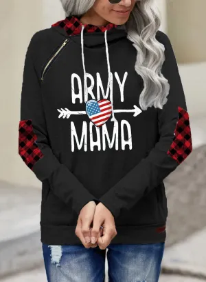 Women's Hoodies Letter Plaid Long Sleeve Casual Zip Pocket Hoodie