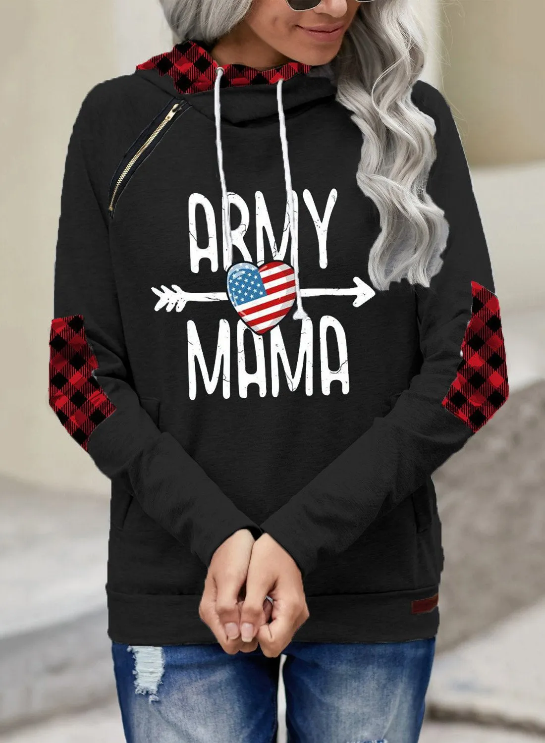 Women's Hoodies Letter Plaid Long Sleeve Casual Zip Pocket Hoodie